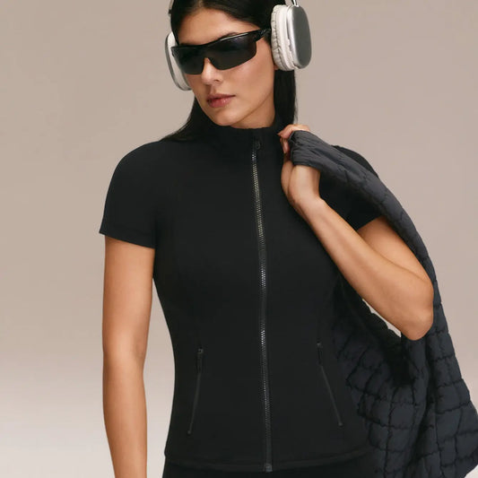 GLOWMODE Featherfit BBL Slim-Fit Short-Sleeve Zippered Side Pockets Zip-Up Jacket Buttery-Soft Sweat-Wicking Stretchy Yoga Pilates Studio Daily Active Wear